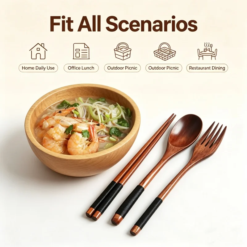 Camping Cooking And Cutlery Set - 3 PCS Solid Wood Utensil Set