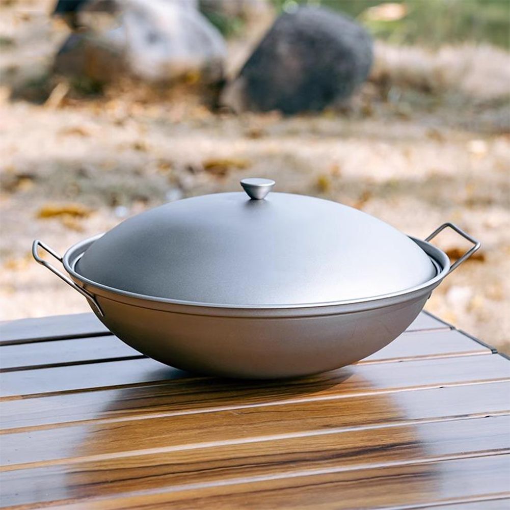 Camping Cooking Hardware - Titanium Wok Pan with Lid Double