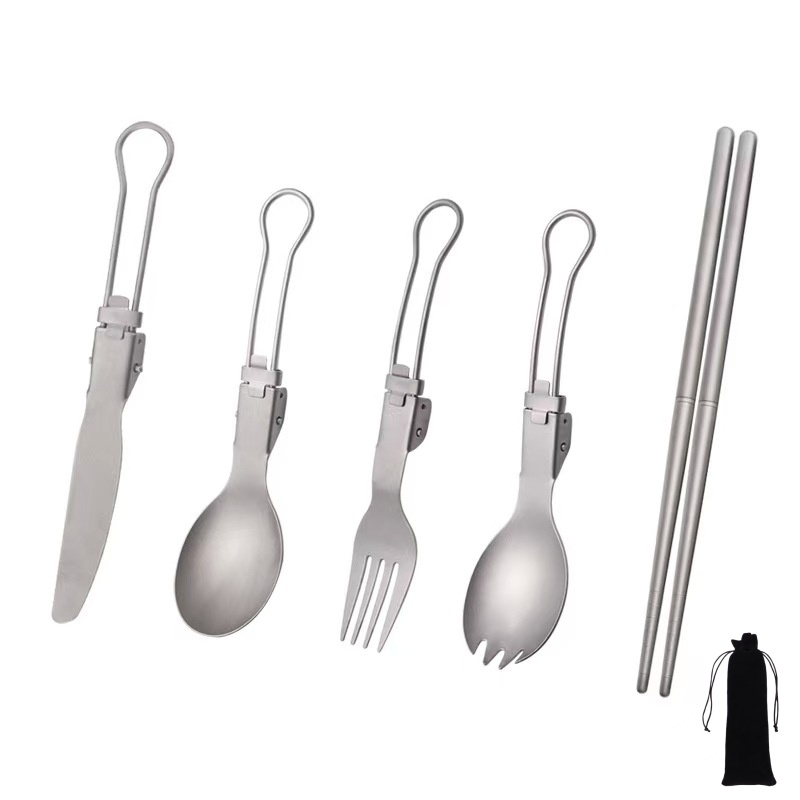 Camping Cooking And Cutlery Set - Titanium Foldable Utensil Set with Fork