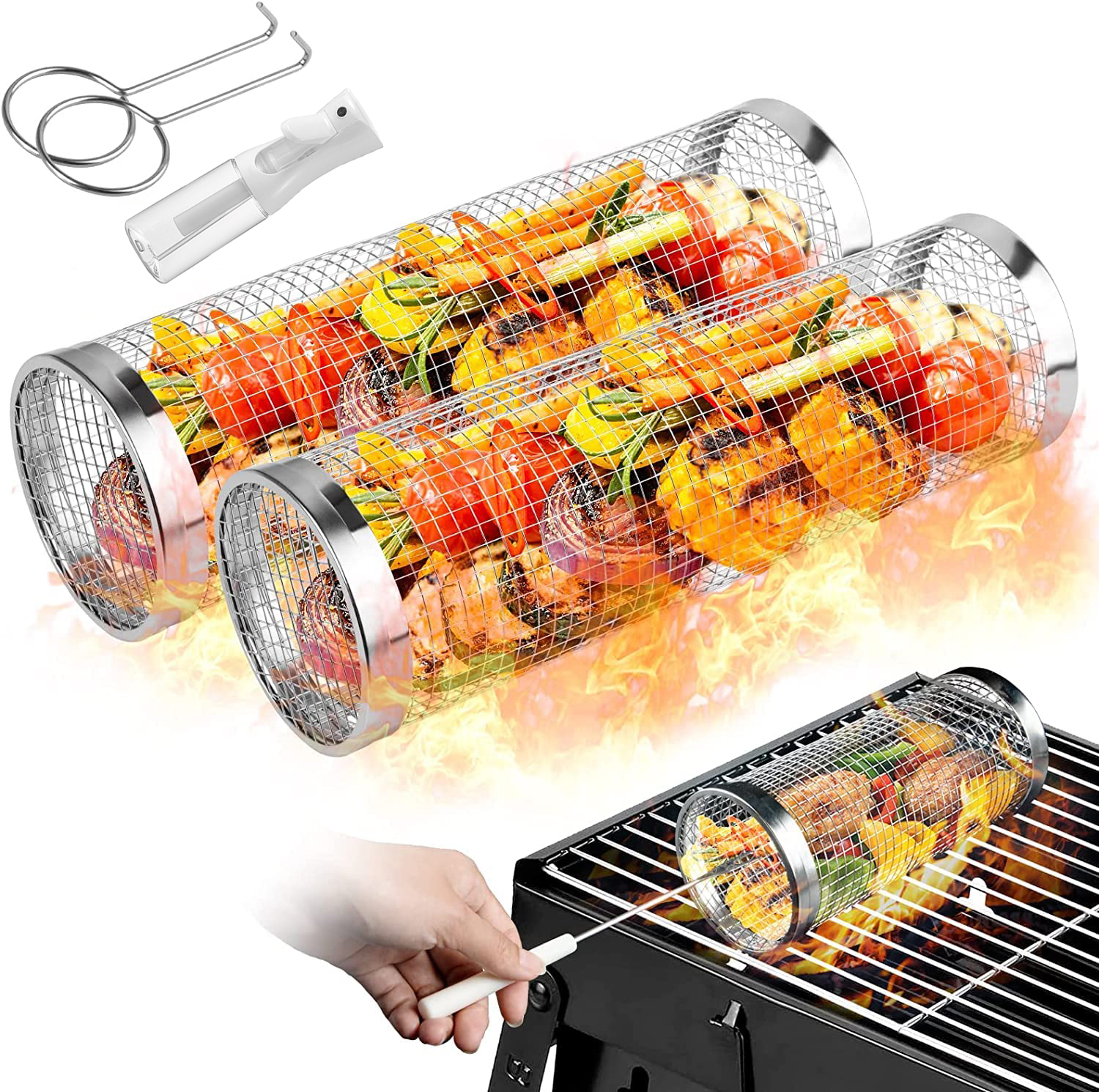 Camping Cooking Accessories Set - 2 Pieces Rolling Grilling Baskets for